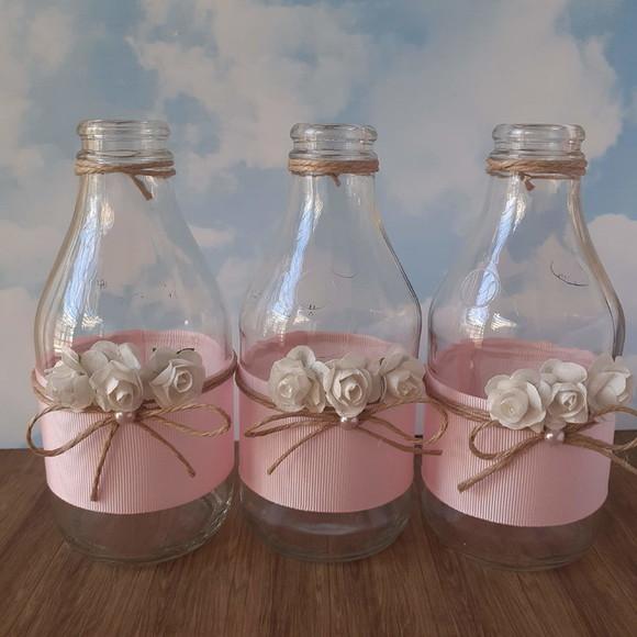 10 Garrafas de Vidro (200ml) Fita e Mini Rosa