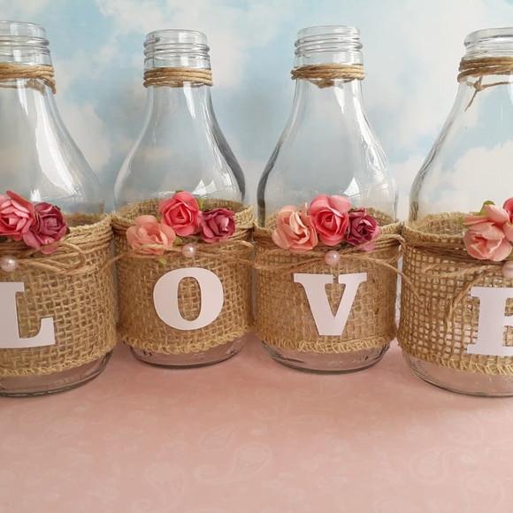 Kit 4 Garrafas de Vidro Rústica (200 Ml) Palavra Love
