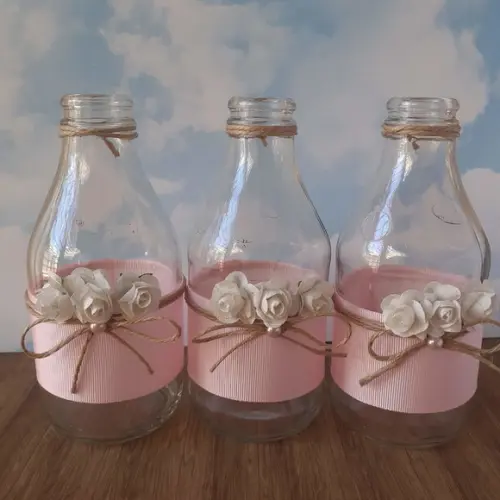 10 Garrafas de Vidro (200ml) Fita e Mini Rosa