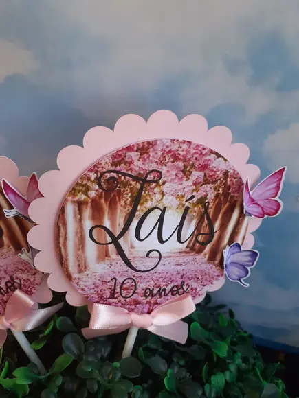 10 Topper Enfeite para Centro de Mesa Jardim Rosa