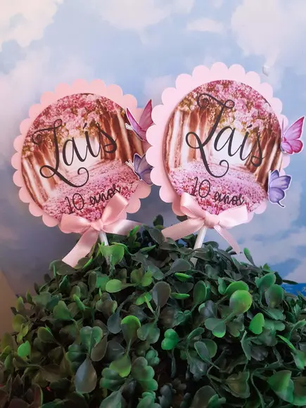 10 Topper Enfeite para Centro de Mesa Jardim Rosa