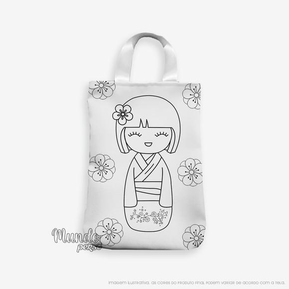 Sacola com Alça 18cm x 25cm Kokeshi para Colorir