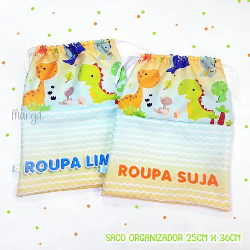 Kit 2 Sacos Organizadores Dinossauros - Roupa Limpa e Suja
