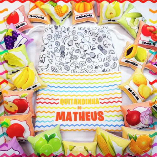 Kit 24 Almofadas 9cm Educativas Frutas, Legumes + Sacolinha