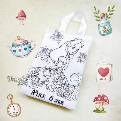 Sacola com Alça 18cm x 25cm Alice para Colorir