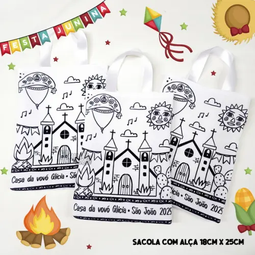 Sacola com Alça 18cm x 25cm Festa Junina para Colorir