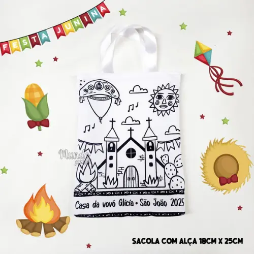 Sacola com Alça 18cm x 25cm Festa Junina para Colorir