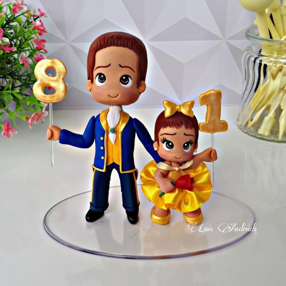 Topo de Bolo Bela e a Fera personalizado em biscuit