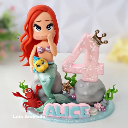 Topo de Bolo Pequena Sereia Personalizada em Biscuit