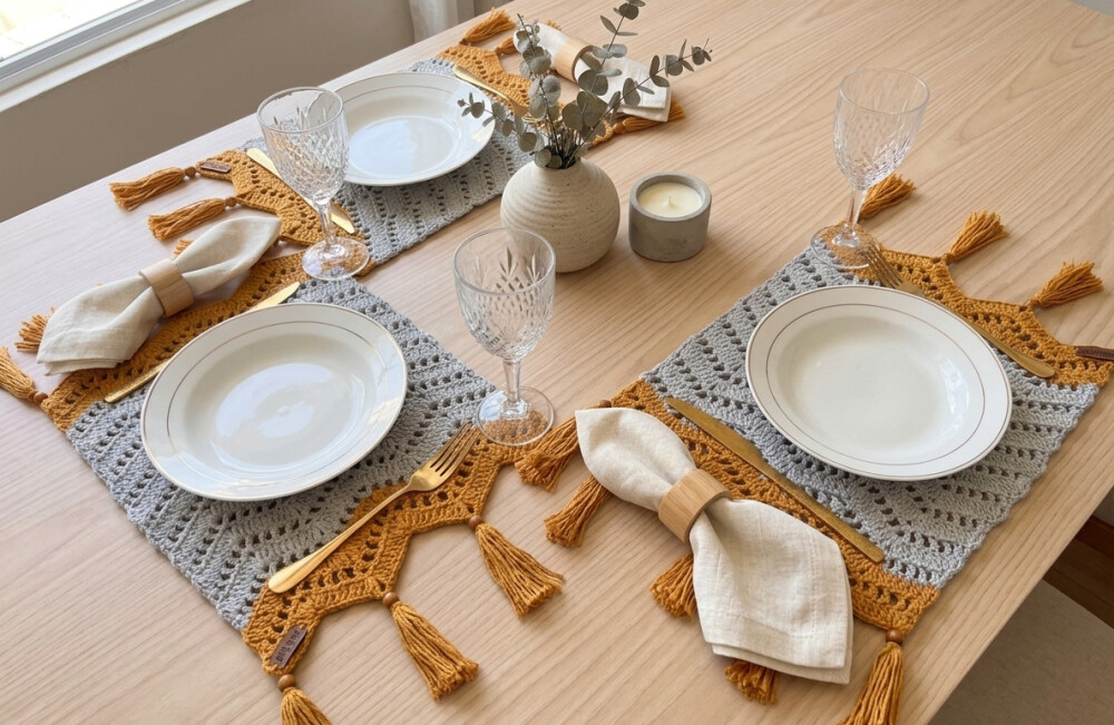 Jogo Americano de Crochê com Franjas - Kit 4 Peças | Mesa Posta