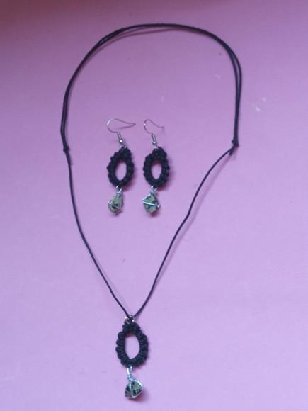 Conjunto Colar com Brincos de Macramê com Jaspe Dálmata