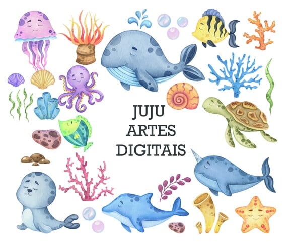 Kit Digital - Fundo do Mar Aquarela (png+vetor)