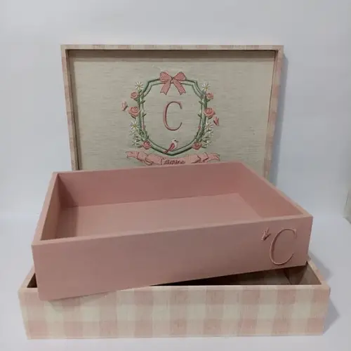 Caixa e Bandeja Maternidade Linho Xadrez Rosé