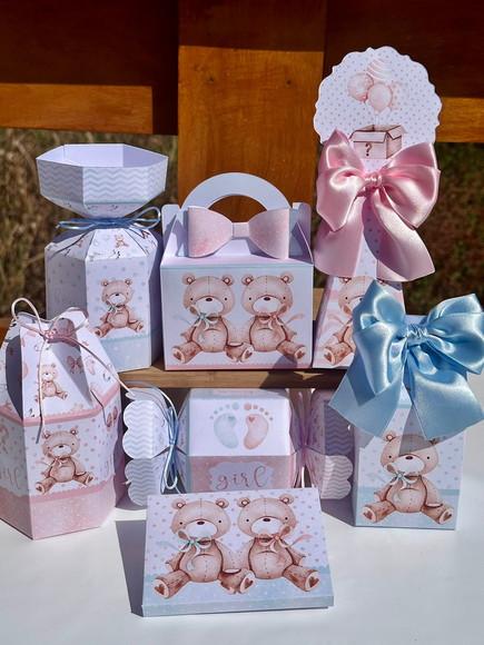 Kit 21 Caixas Chá Revelação Ursinhos Rosa e Azul