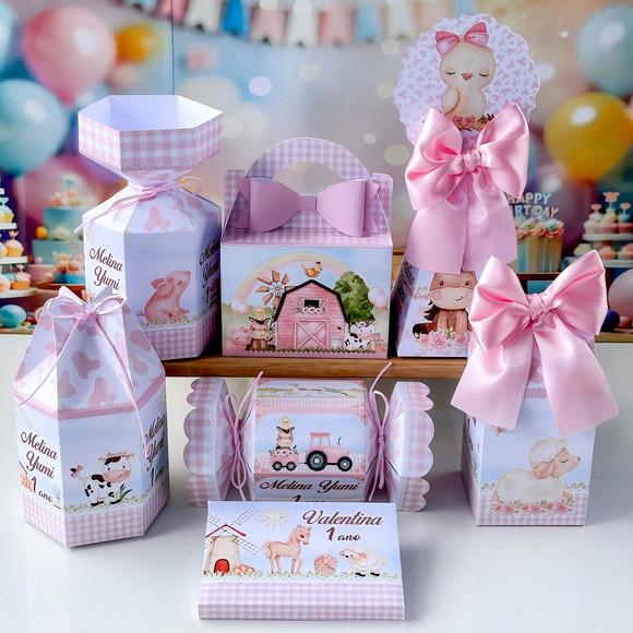 Kit 42 Caixas Fazendinha Rosa/menina