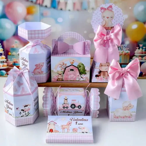 Kit 35 Caixas Fazendinha Rosa/menina