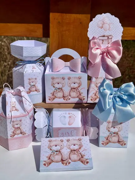 Kit 70 Caixas Chá Revelação Ursinhos Rosa e Azul