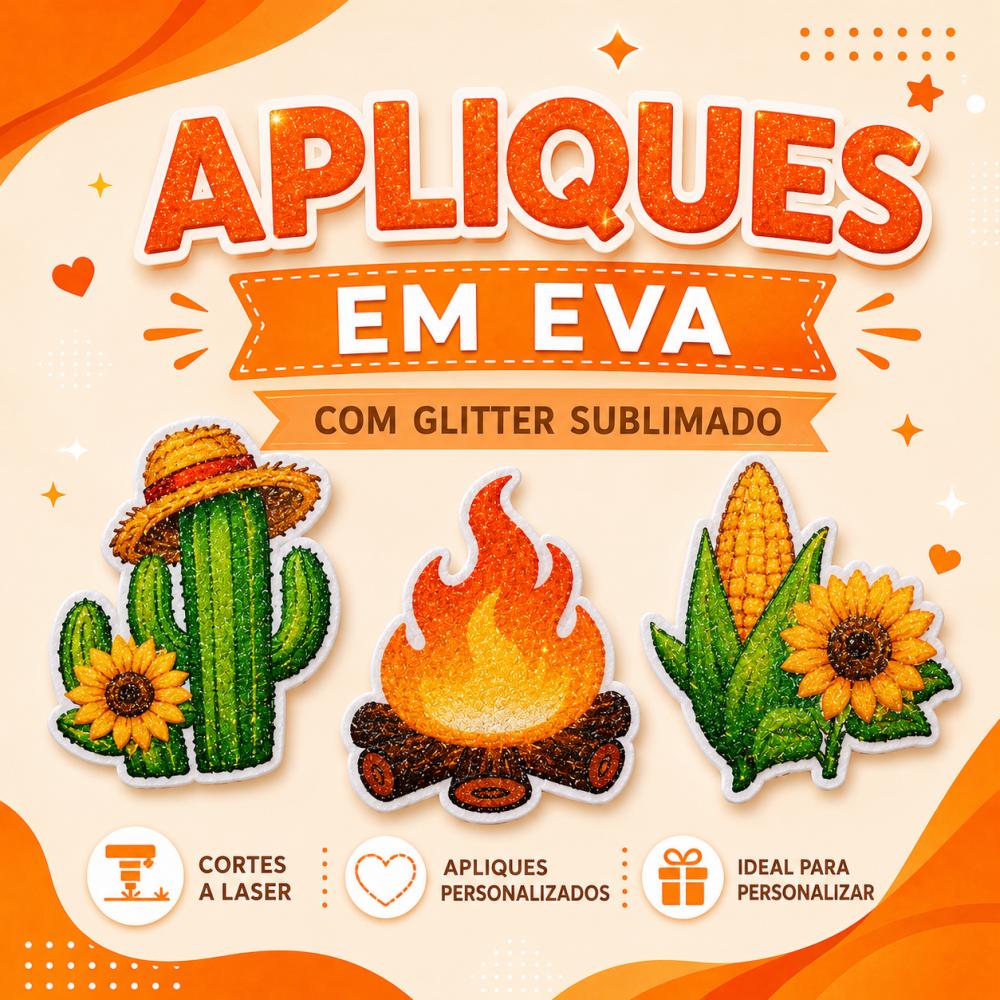 18 apliques festa junina em EVA com Glitter estampado.