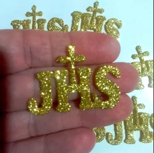 170 Apliques com símbolo JHS para decorar lembrancinha primeira eucaristia Hóstia consagrada.