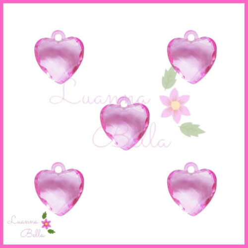 Pingente de acrílico Coração Facetado Rosa - Pct 12 unidades