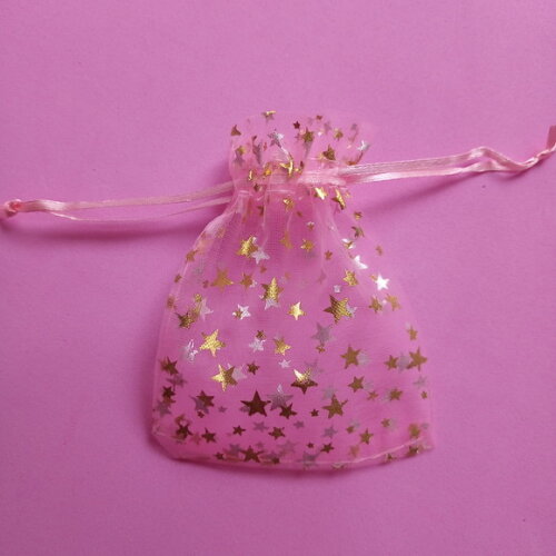 Saquinho Organza Cristal Rosa com Estrela com Fita 9x11cm
