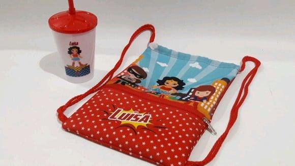 Lembrancinha Super Herois - Kit Mochila Saco + Copo