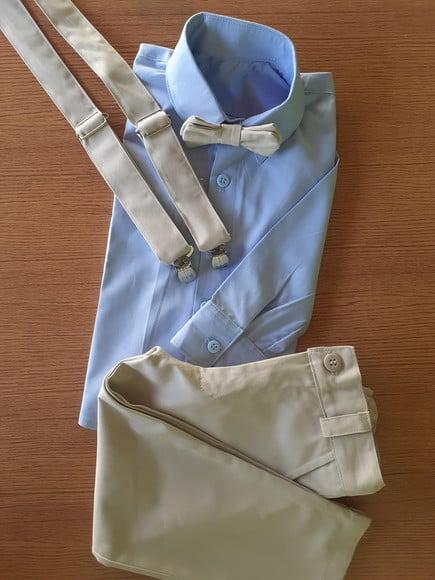 Camisa Azul Bebe com Calça e Kit Suspensorio com Gravata