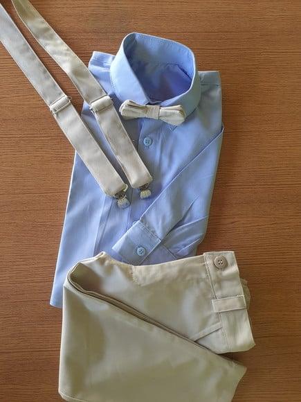 Camisa Azul Bebe com Calça e Kit Suspensorio com Gravata