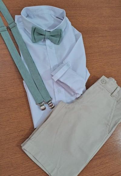 Conjunto Bermuda Bege com Gravata e Suspensorio Verde Sage