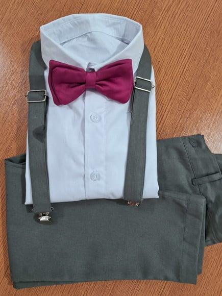 Roupa Pajem Calca Cinza e Gravata Fuscia