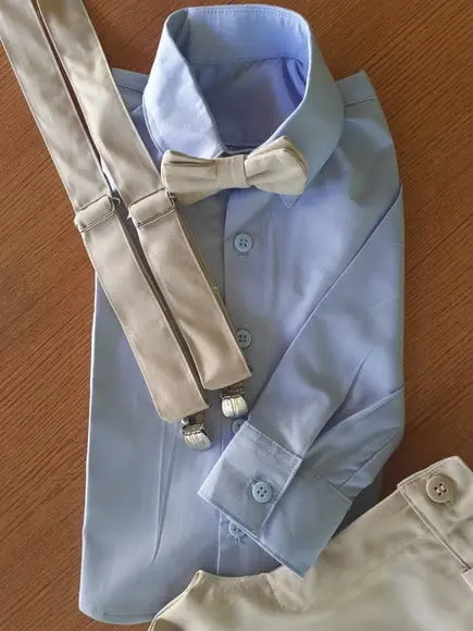 Camisa Azul Bebe com Calça e Kit Suspensorio com Gravata