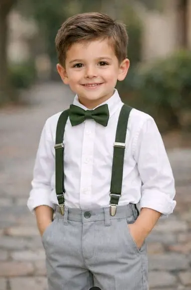 Roupa Pajem Cinza e Suspensório Verde Oliva