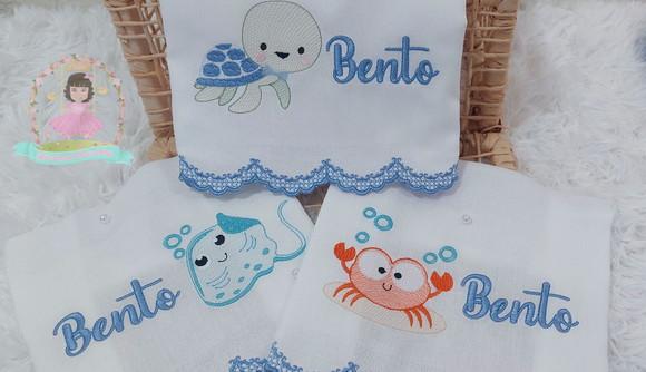 Kit 3 Fraldas Fundo do Mar com Barrinha Bordada Luxo