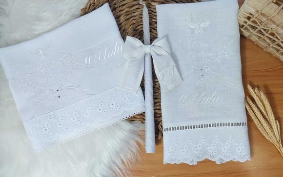 Kit Batizado: Toalha em Linho, Fralda e Vela Personalizada