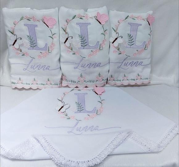 Kit Cueiro 400 Fios e Fraldas Barra Bordada Floral Delicado