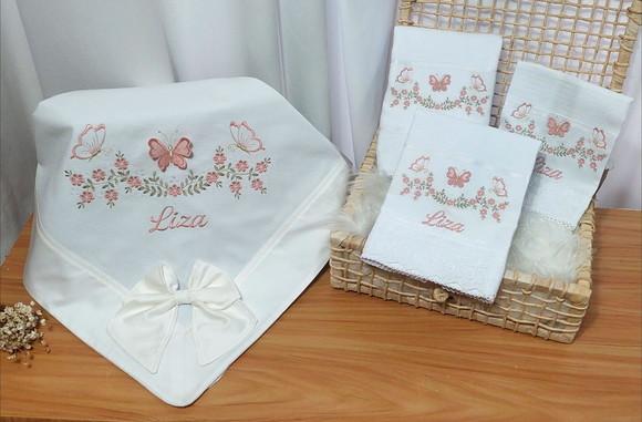 Kit Enxoval Bebê Manta Piquet Fraldas Floral Rosé Borboleta