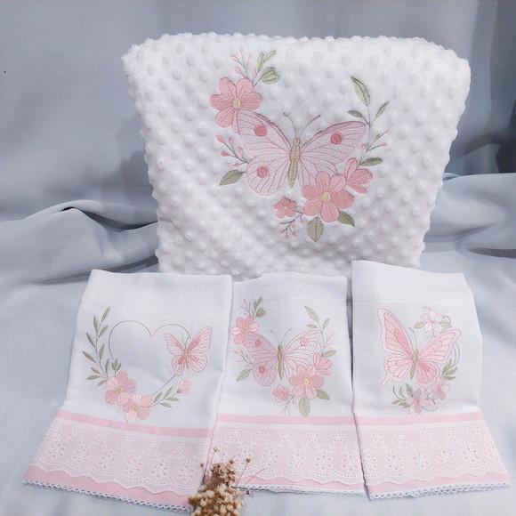 Kit Fraldas e Manta/ Cobertor Bordada para Bebês Floral