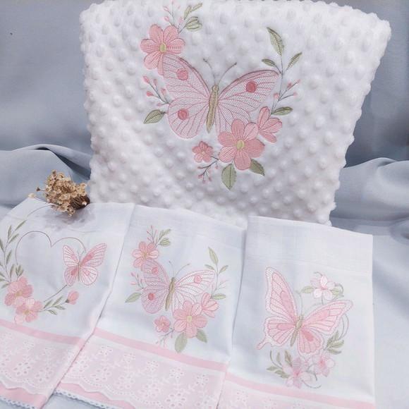 Kit Fraldas e Manta/ Cobertor Bordada para Bebês Floral