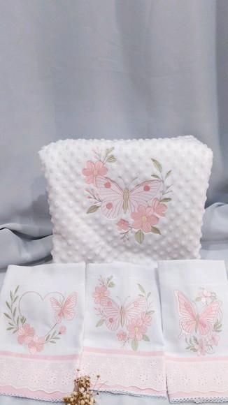 Kit Fraldas e Manta/ Cobertor Bordada para Bebês Floral