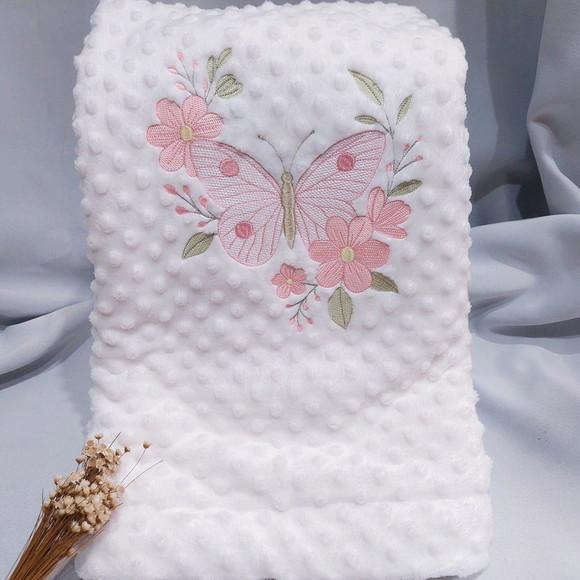 Kit Fraldas e Manta/ Cobertor Bordada para Bebês Floral