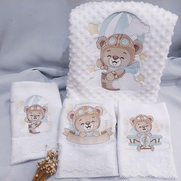 Kit Manta Cobertor Soft para Bebês Ursinho Aviador Luxo