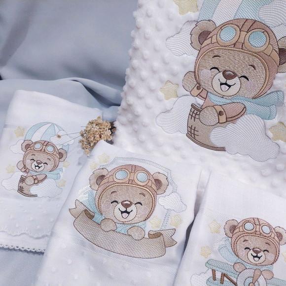 Kit Manta Cobertor Soft para Bebês Ursinho Aviador Luxo