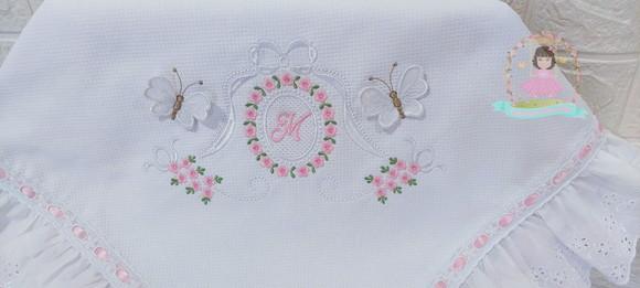 Manta Piquet Luxo Floral Borboleta Delicado Bordado