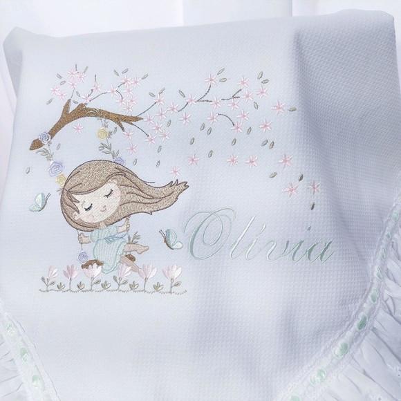 Manta Piquet Luxo com Bordado Inglês Bebê Floral Boneca