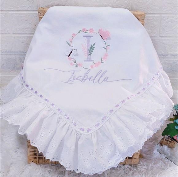 Manta Piquet Luxo Floral com Bordado Inglês Bebê