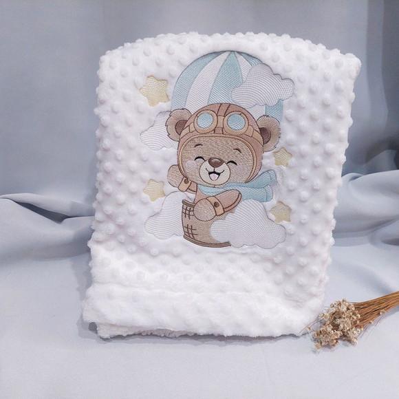 Manta/ Cobertor Soft Bordada para Bebês Urso Aviador