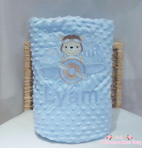 Manta/ Cobertor Soft Bordada para Bebês Urso Aviador