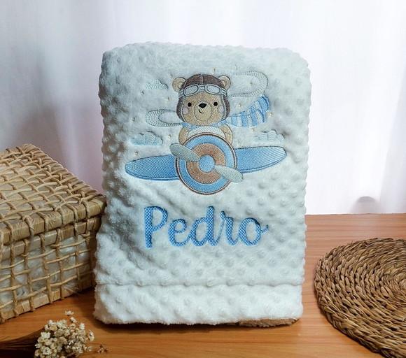 Manta/cobertor Soft Bordada para Bebês Premium Urso Aviador