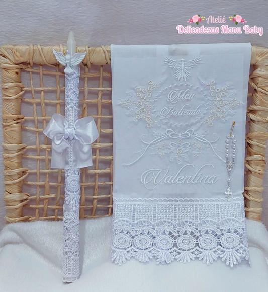 Toalha Batizado Floral + Vela Personalizada