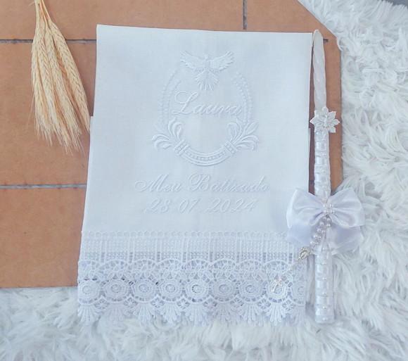 Toalha Batizado Linho Espírito Santo Branco Delicado + Vela